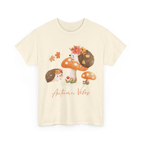 Beige t-shirt with 'Autumn Vibes' graphic featuring hedgehogs, flowers, and mushrooms.