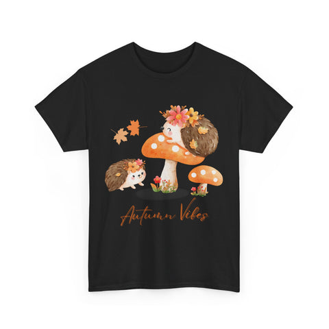Black t-shirt with 'Autumn Vibes' design featuring hedgehogs and mushrooms.