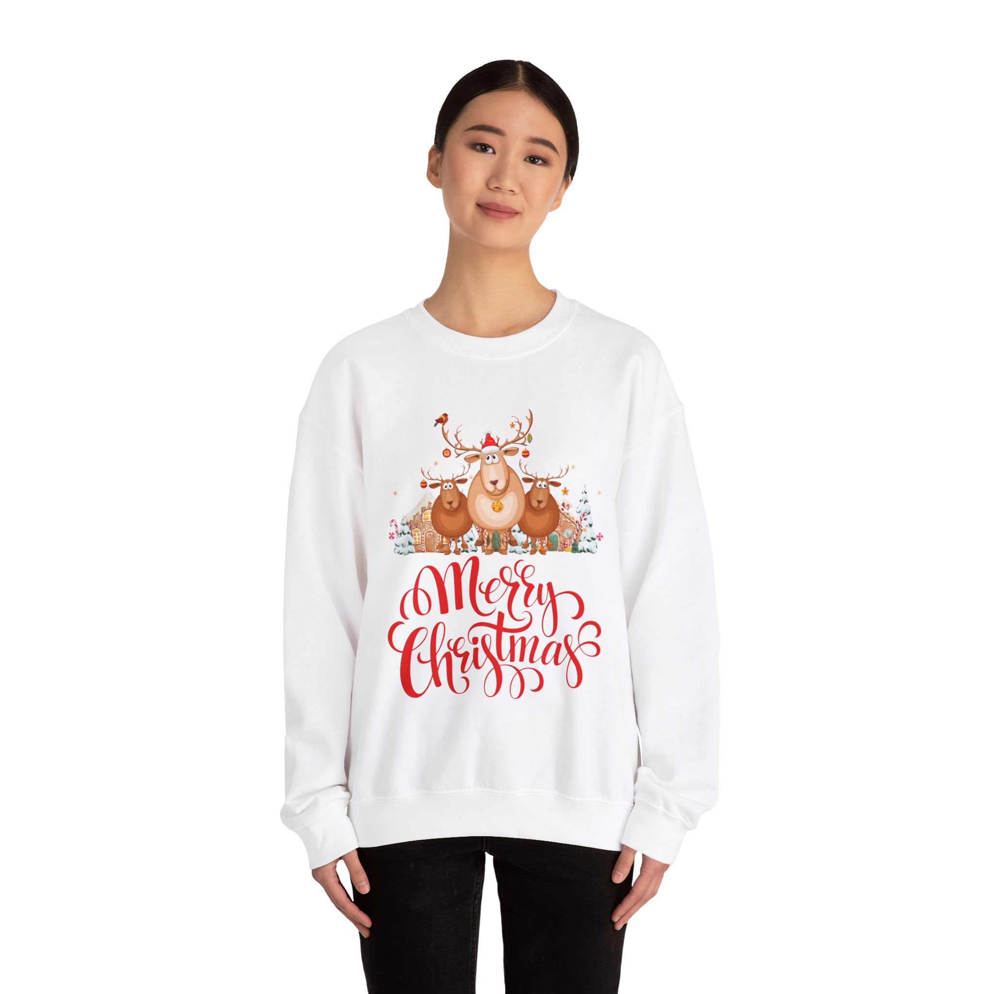 Woman wearing a white Christmas sweatshirt with reindeer graphic and "Merry Christmas" text.