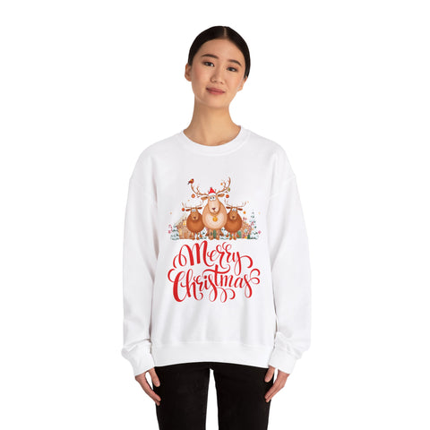 Woman wearing a white Christmas sweatshirt with reindeer graphic and "Merry Christmas" text.