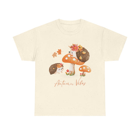 Beige t-shirt with 'Autumn Vibes' text and hedgehog & mushroom illustration.