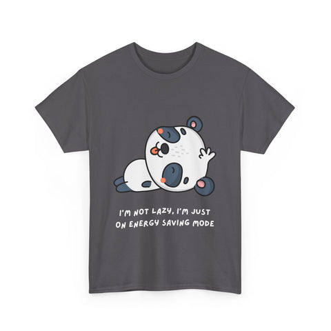 Gray t-shirt with cartoon panda and text: 'I'm not lazy, I'm just on energy saving mode.'