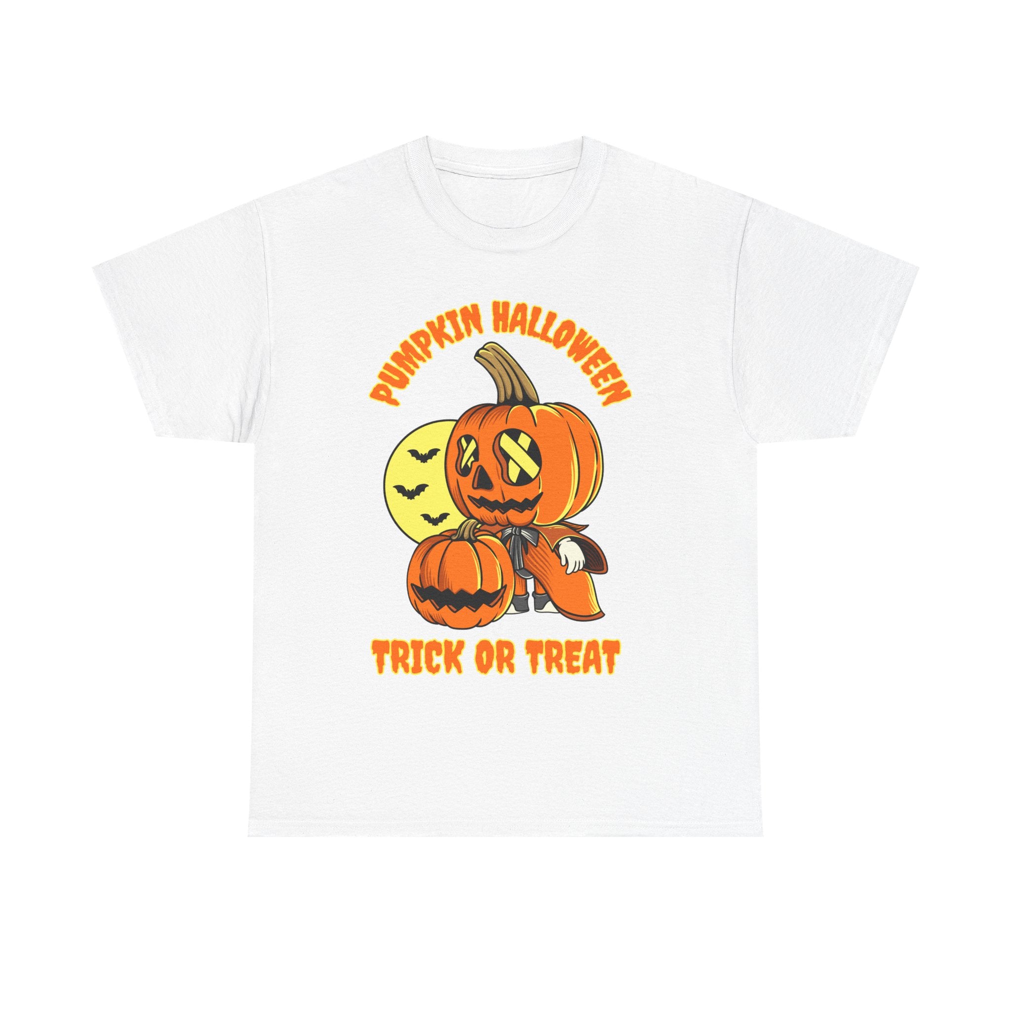 White t-shirt with a 'Pumpkin Halloween Trick or Treat' graphic, featuring cartoon pumpkins and bats for Halloween.