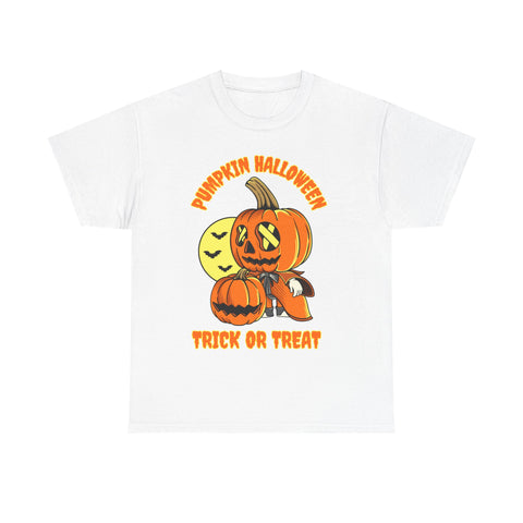 White t-shirt with a 'Pumpkin Halloween Trick or Treat' graphic, featuring cartoon pumpkins and bats for Halloween.