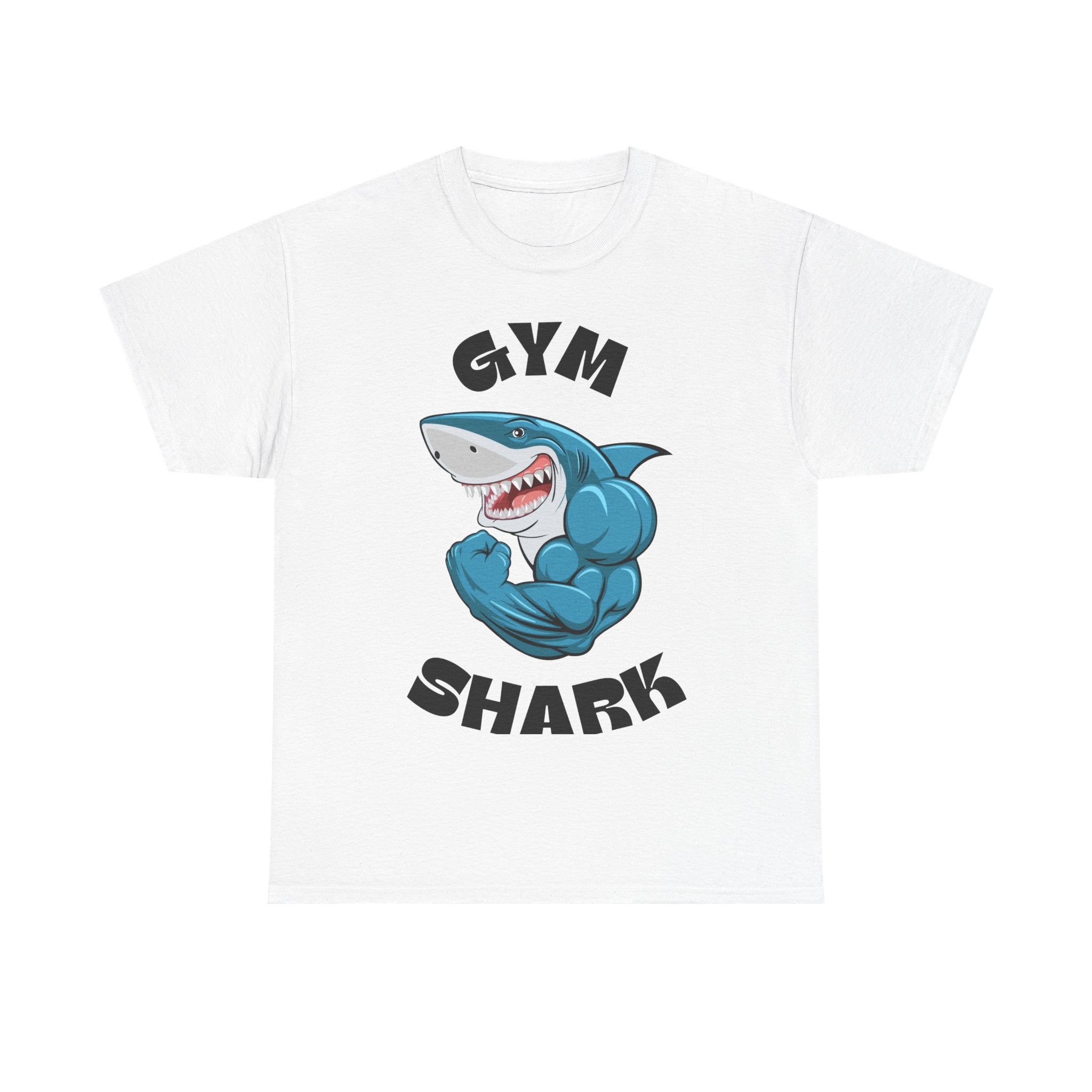 White t-shirt featuring a cartoon shark flexing its muscles with the text 'Gym Shark' above and below.