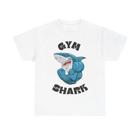 White t-shirt featuring a cartoon shark flexing its muscles with the text 'Gym Shark' above and below.