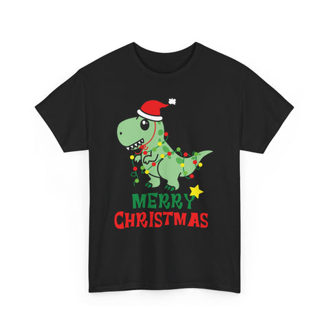 Black t-shirt with cartoon dinosaur wearing a Santa hat and Christmas lights, with 'Merry Christmas' text.