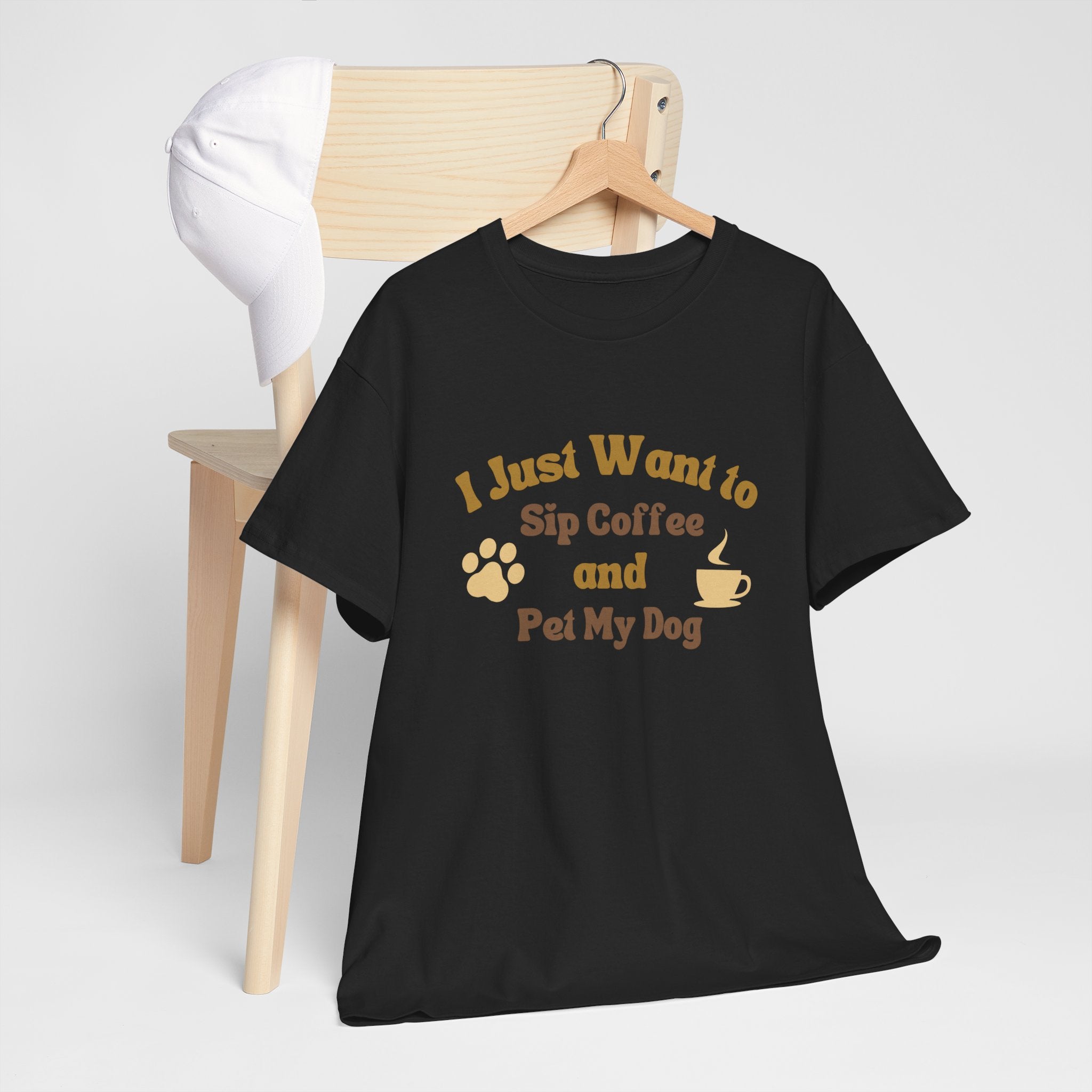 I Just Want to Sip Coffee and Pet My Dog Unisex Heavy Cotton Tee, Funny Dog Lover Shirt, Gift for Dog Owners, Coffee Lovers Tee, Casual