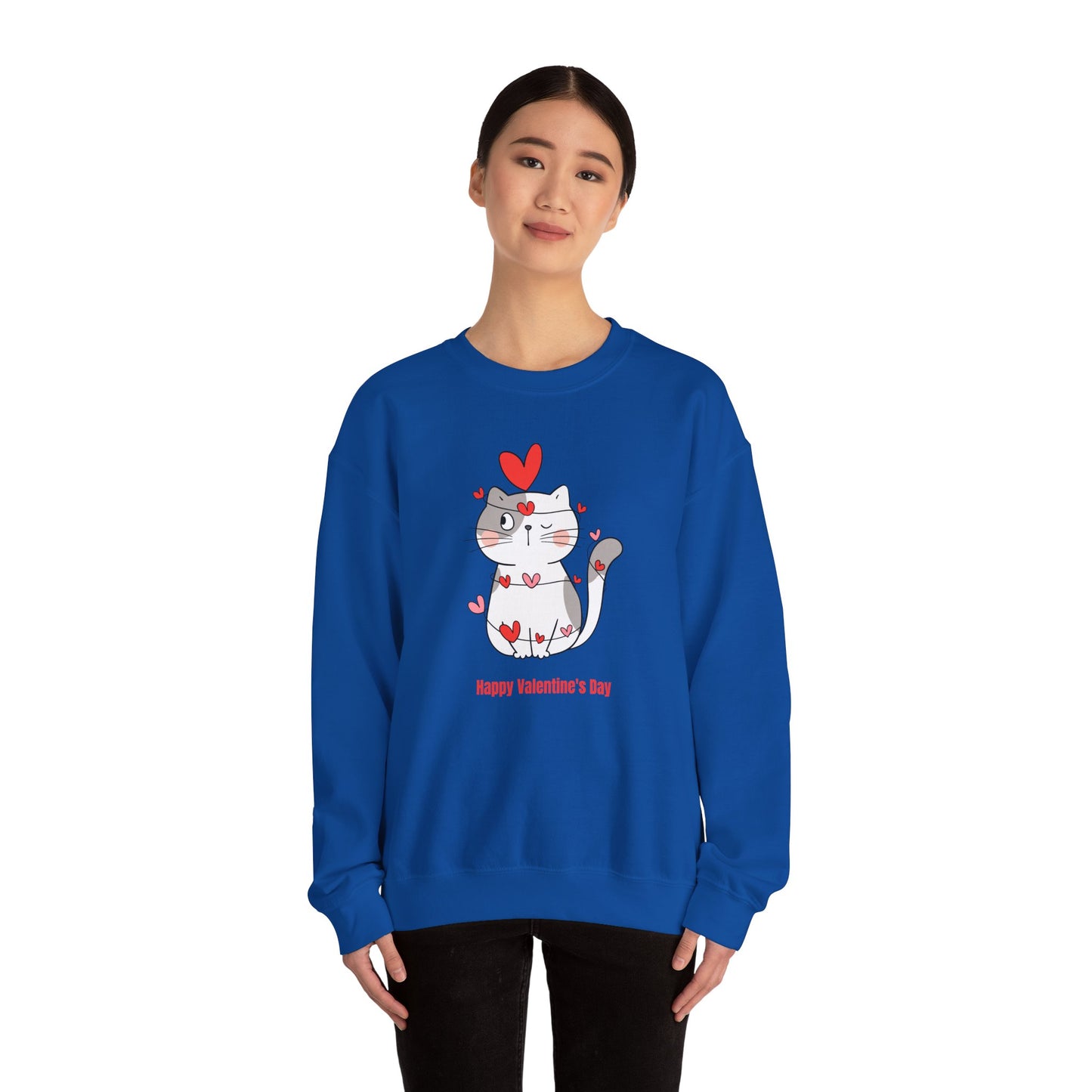 Cute Cat Valentine's Day Crewneck Sweatshirt, Cozy Unisex Sweatshirt, Cat Lover Gift, Valentine's Day Apparel, Everyday Comfort Wear