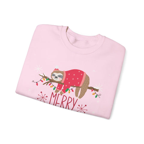 Pink 'Merry' Christmas Sloth Sweatshirt with Festive Holiday Lights.