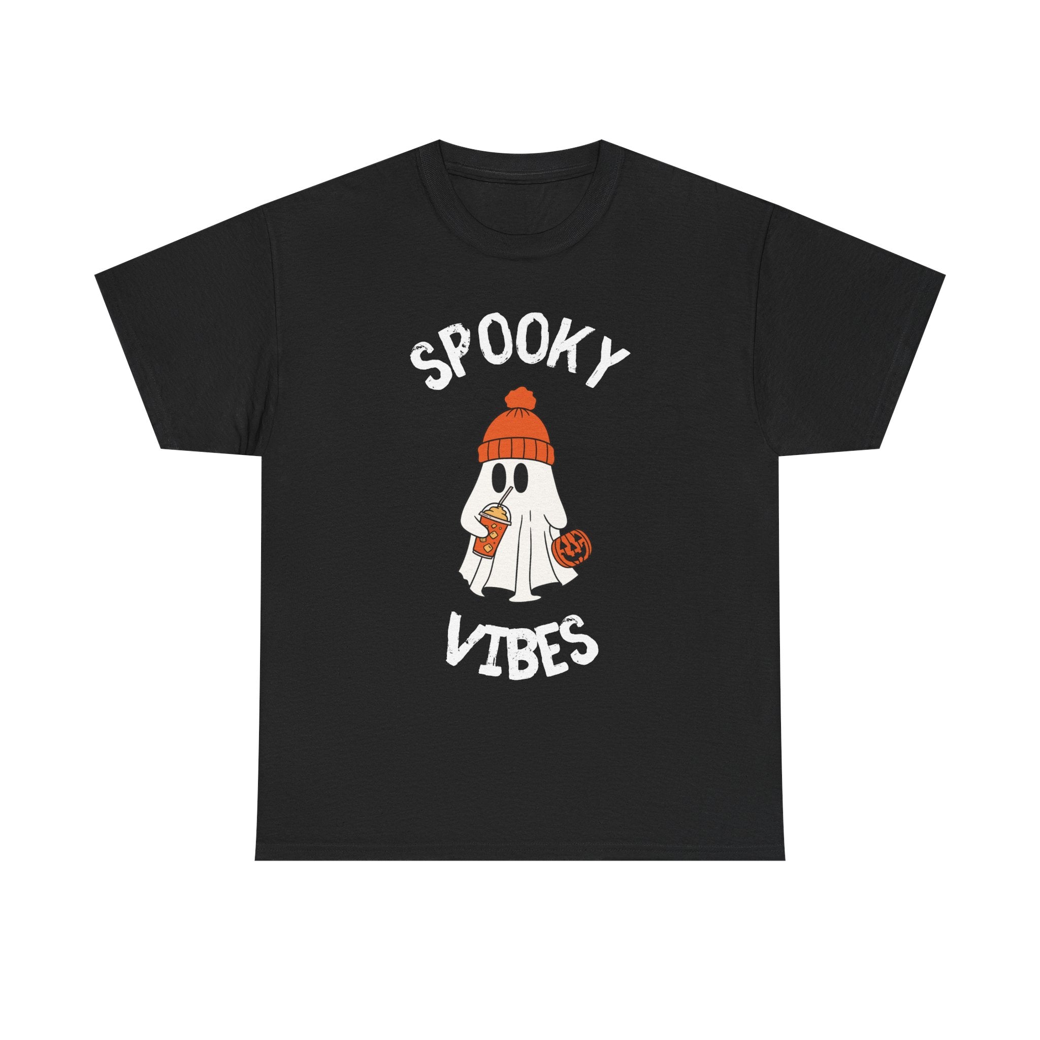 Black 'Spooky Vibes' T-shirt with ghost wearing beanie, holding drink and pumpkin graphic.