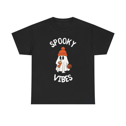 Black 'Spooky Vibes' T-shirt with ghost wearing beanie, holding drink and pumpkin graphic.