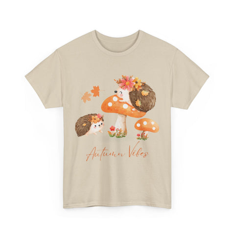 Beige t-shirt with 'Autumn Vibes' design featuring hedgehogs, flowers and mushrooms.