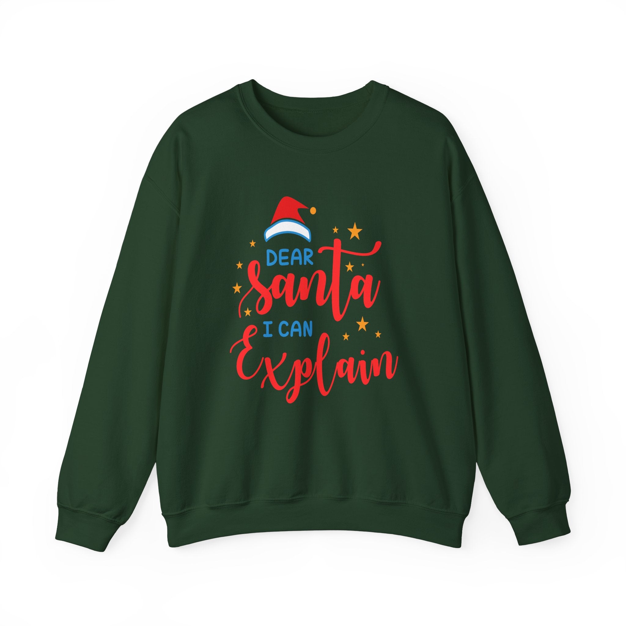 Forest green 'Dear Santa I Can Explain' Christmas sweatshirt.