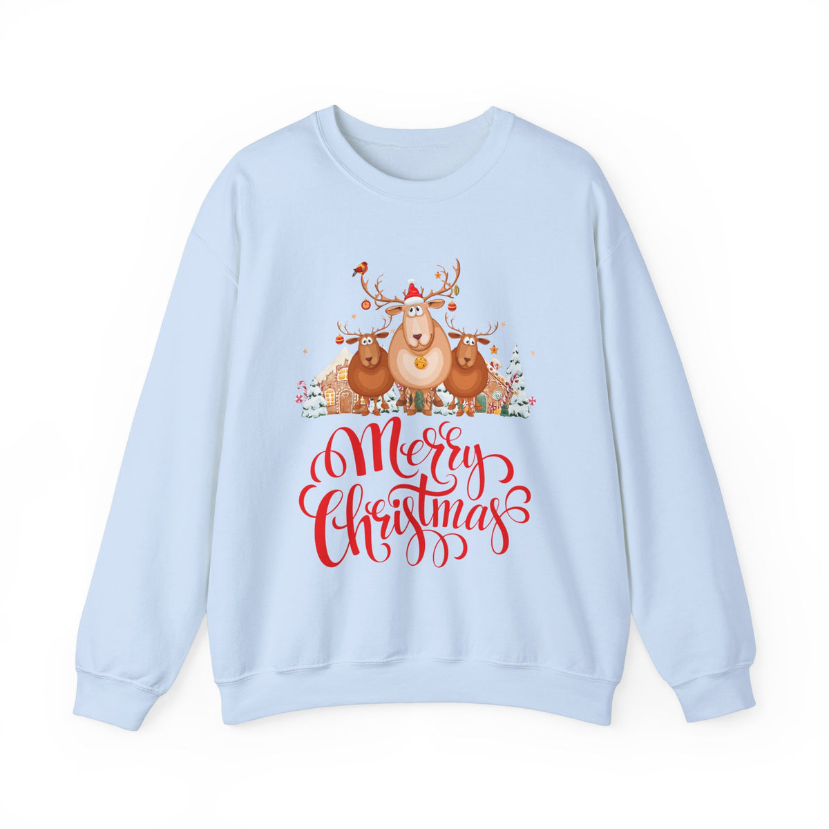 Light blue Christmas sweater with 'Merry Christmas' and reindeer graphic.