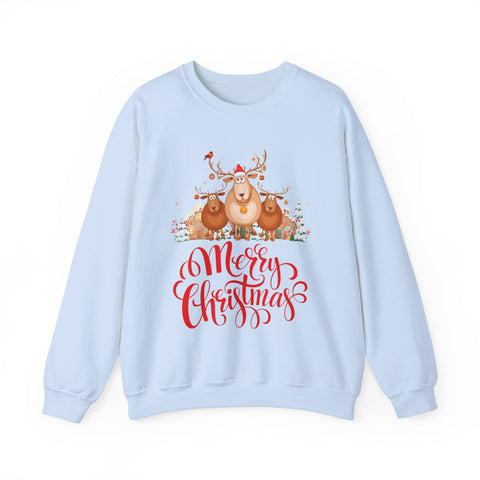 Light blue Christmas sweater with 'Merry Christmas' and reindeer graphic.