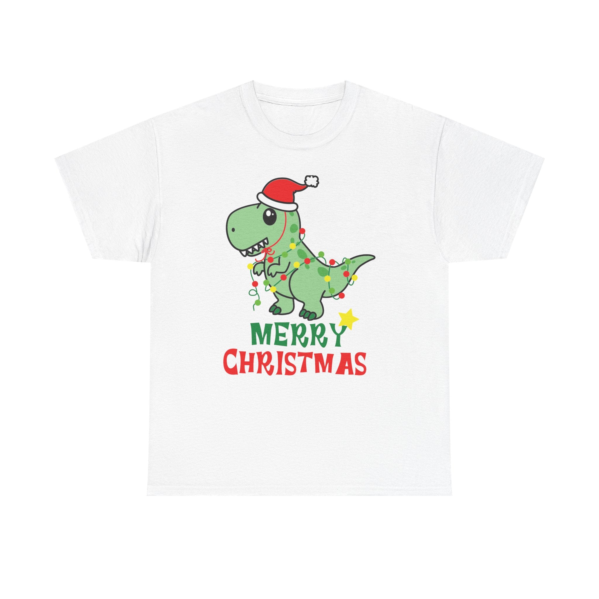 White t-shirt with a cartoon dinosaur wearing a Santa hat and Christmas lights, plus 'Merry Christmas' text.
