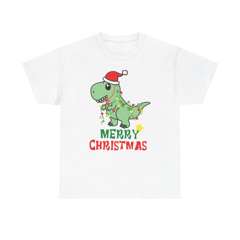 White t-shirt with a cartoon dinosaur wearing a Santa hat and Christmas lights, plus 'Merry Christmas' text.