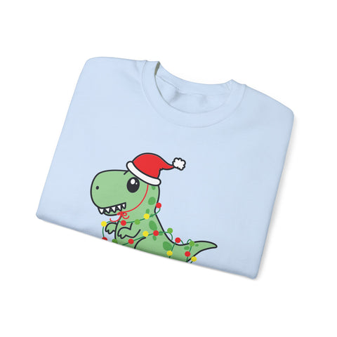 Light blue sweatshirt with a cartoon dinosaur wearing a Santa hat and Christmas lights.