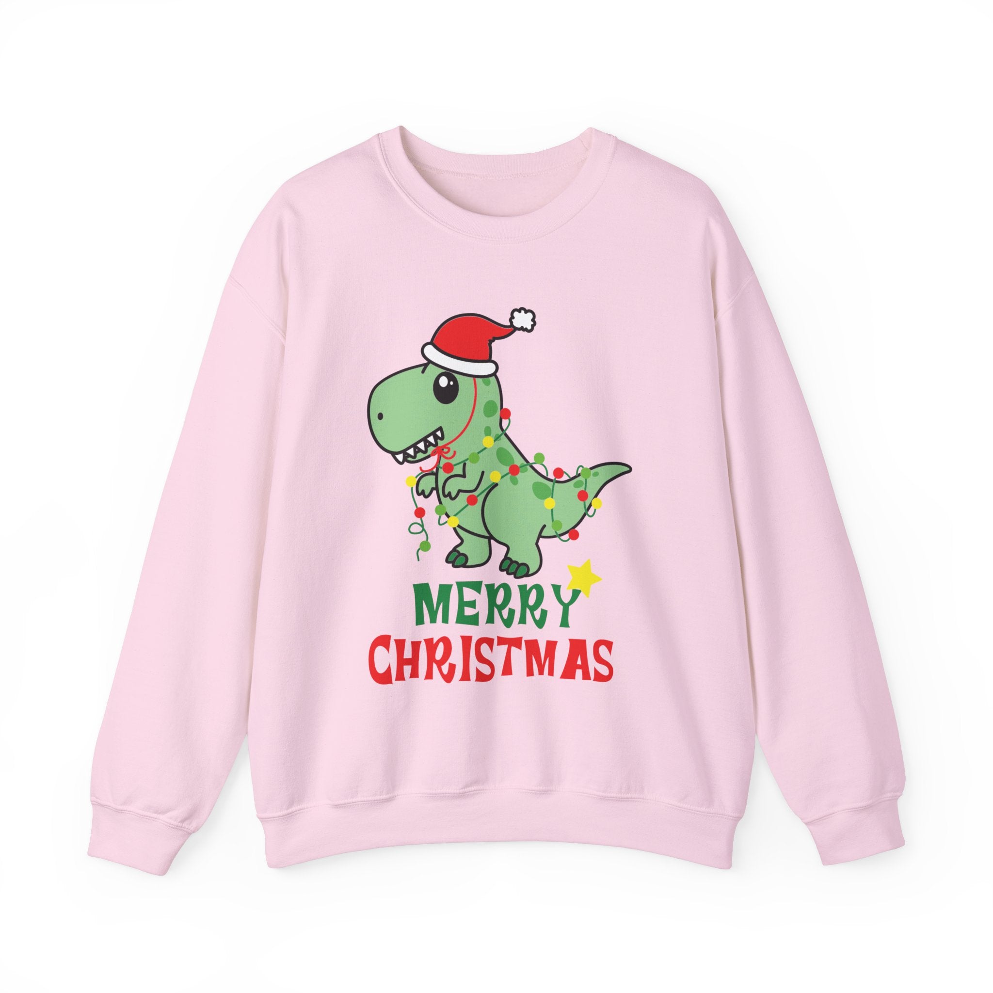Pink Christmas sweatshirt with a dinosaur wearing a Santa hat and Christmas lights.