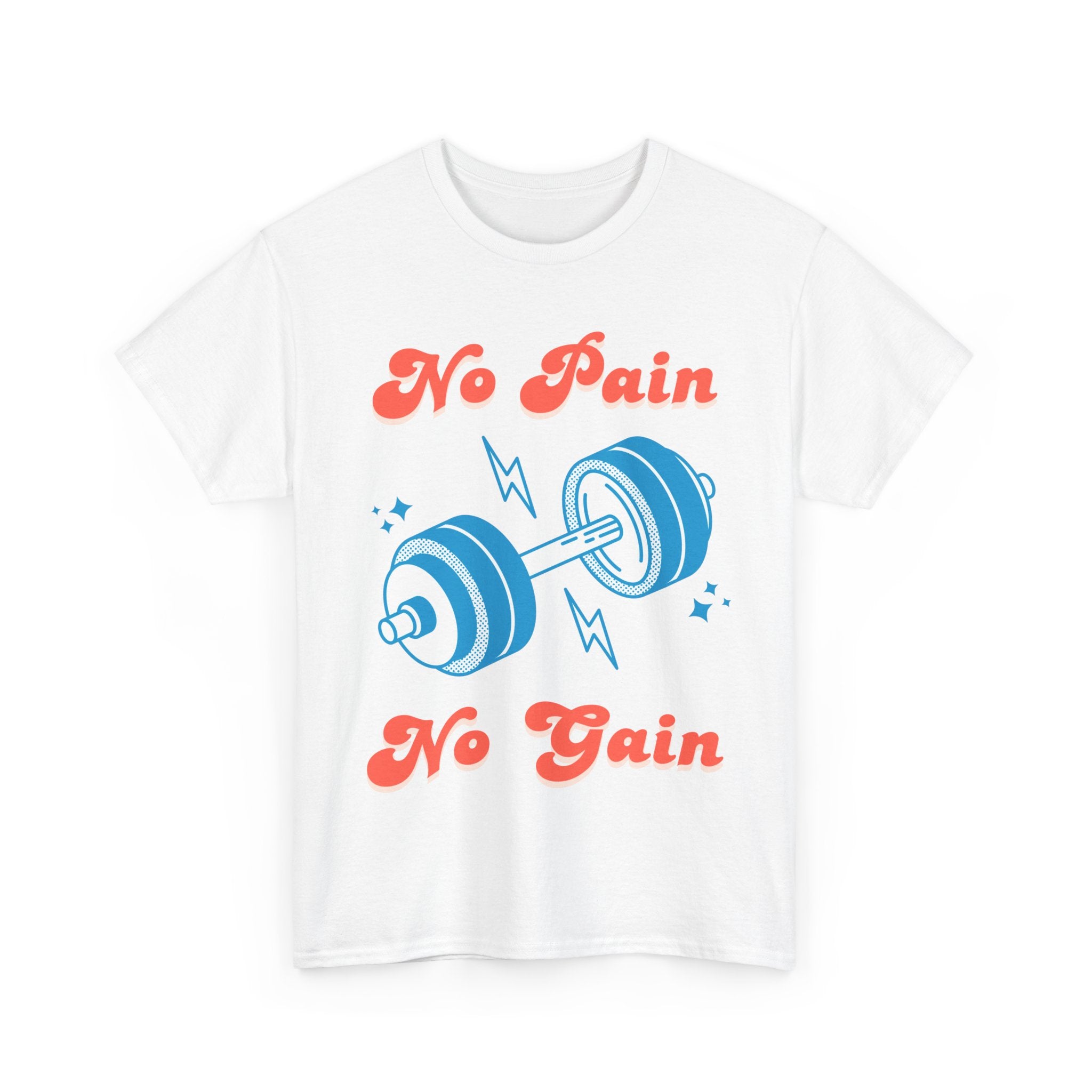 White t-shirt with 'No Pain No Gain' text and dumbbell graphic.
