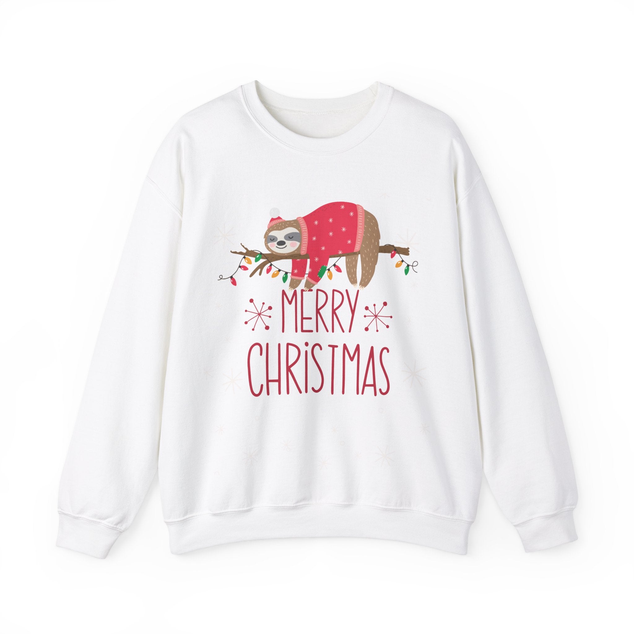 White sweatshirt with a Christmas sloth wearing a Santa hat and sweater, resting on a branch with lights, "Merry Christmas" text.