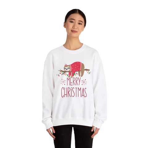 White 'Merry Christmas' sweatshirt with a sloth wearing a sweater and hanging on a branch with Christmas lights.