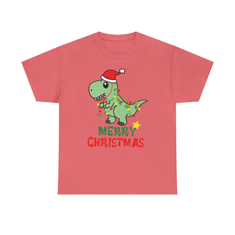Salmon-colored t-shirt with a cartoon dinosaur wearing a Santa hat and tangled in Christmas lights. Text reads "Merry Christmas".