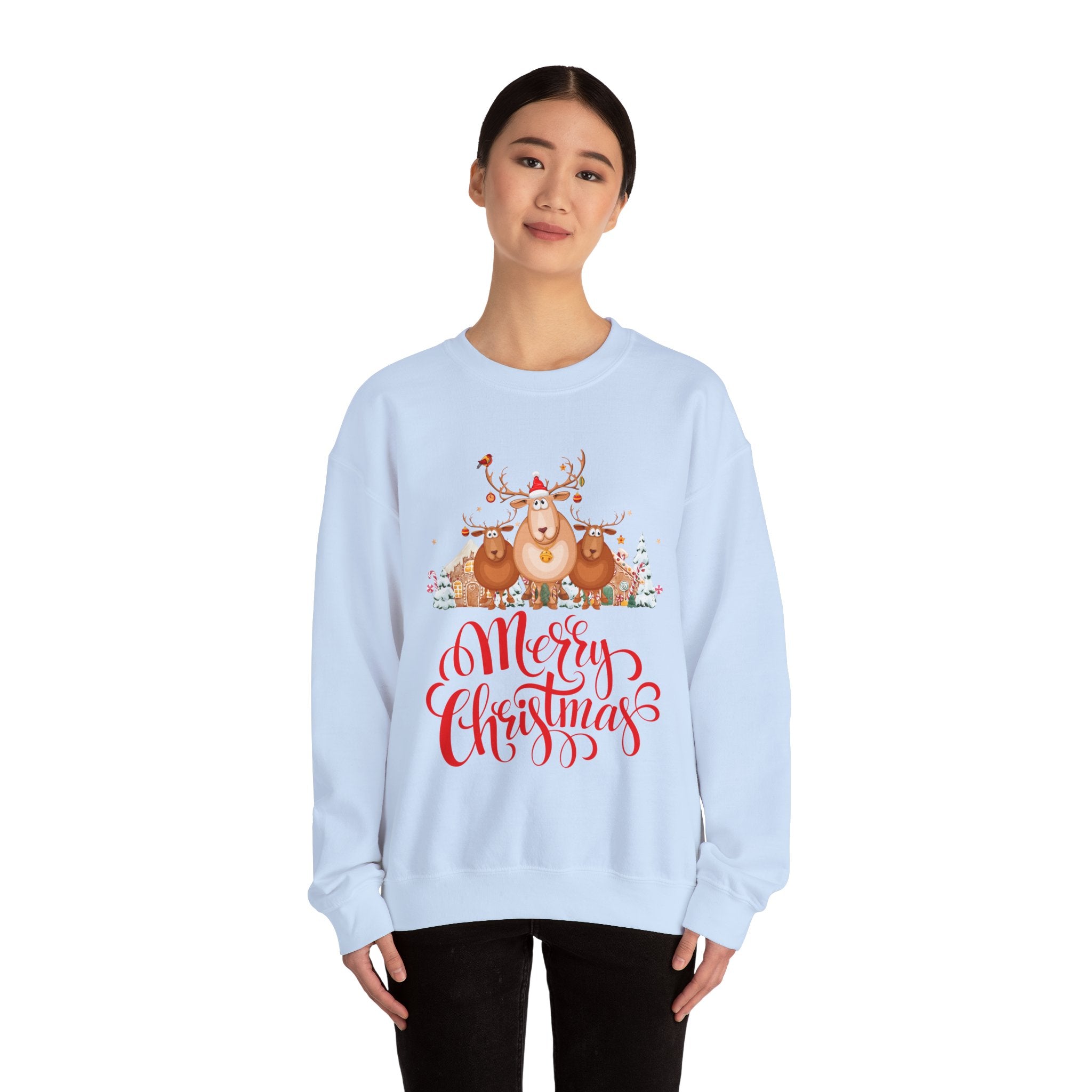 Light blue Christmas sweatshirt featuring reindeer and 'Merry Christmas' text.