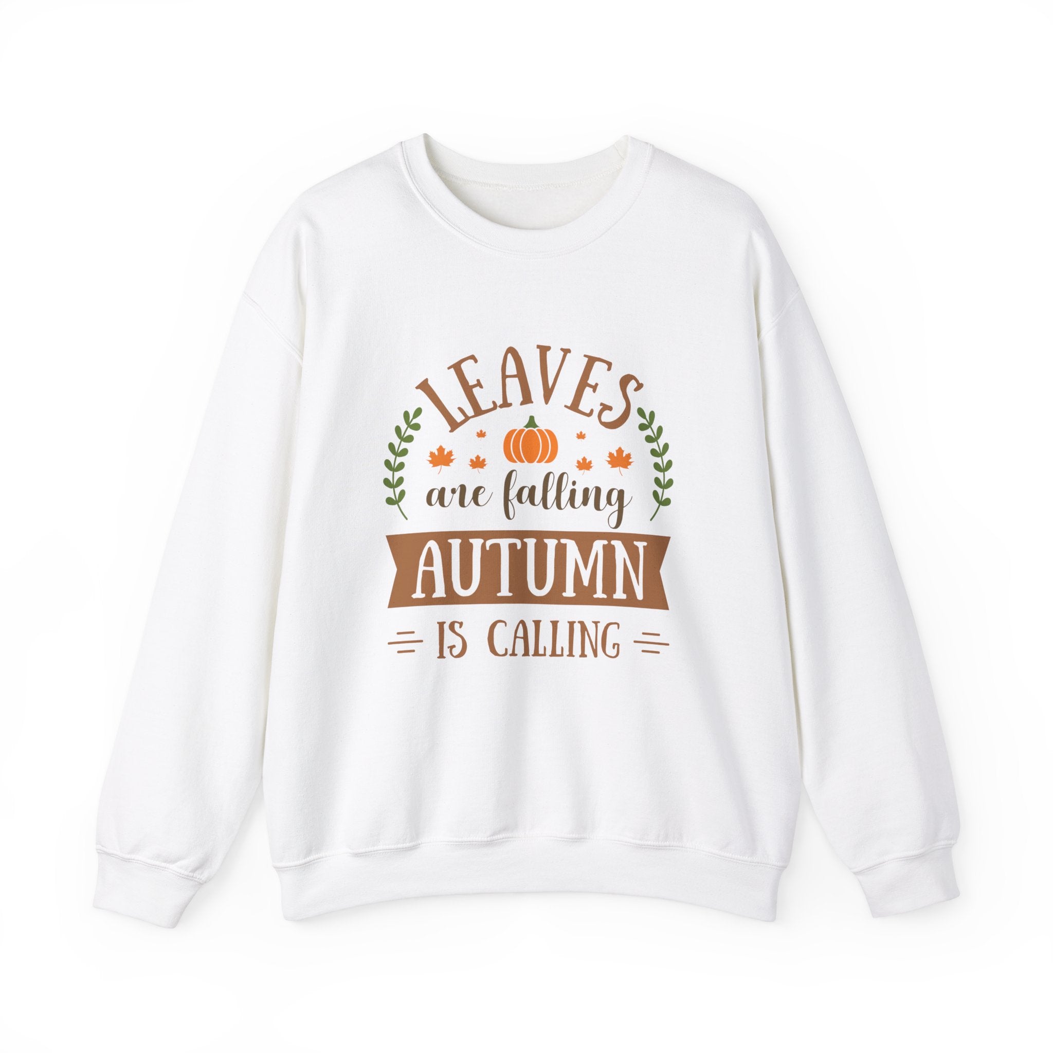 White sweatshirt with a 'Leaves are falling, Autumn is calling' graphic.