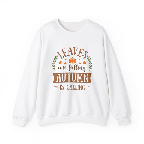 White sweatshirt with a 'Leaves are falling, Autumn is calling' graphic.