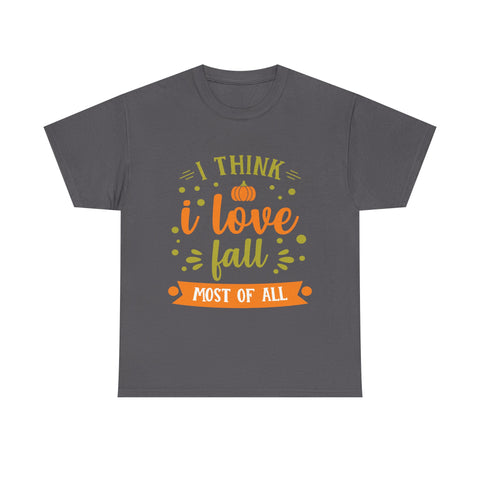 Gray t-shirt featuring an 'I think I love fall most of all' design with a pumpkin graphic.