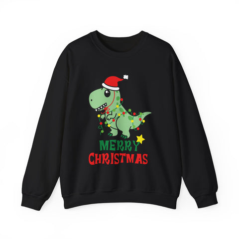 Black sweatshirt with a cartoon dinosaur wearing a Santa hat and Christmas lights, with the words 'Merry Christmas'.