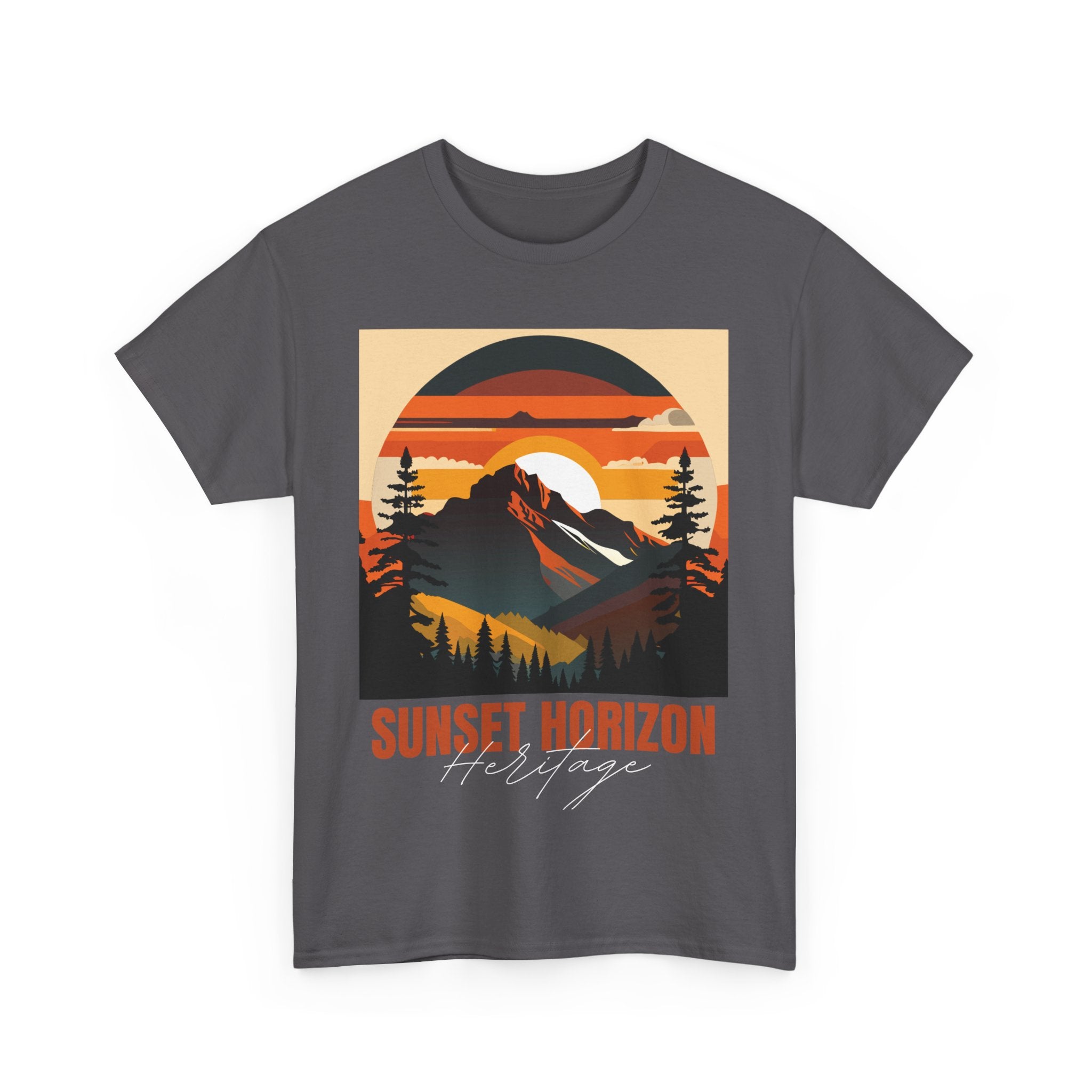 Heather grey t-shirt with a 'Sunset Horizon Heritage' graphic featuring a mountain landscape and sunset.