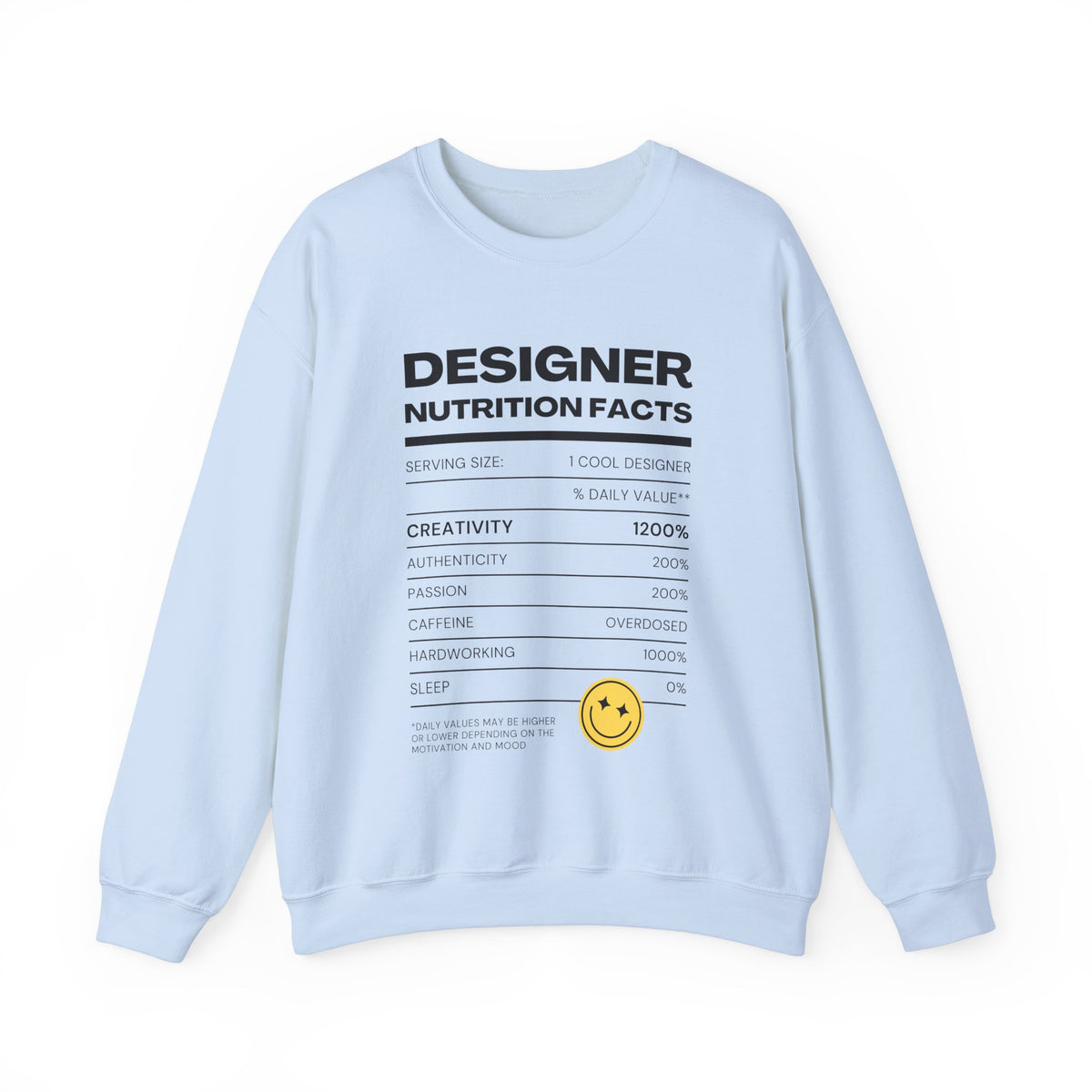 Designer Nutrition Facts Sweatshirt, Funny Graphic Crewneck, Gift for Creatives, Unique Unisex Apparel, Cozy Layering Top