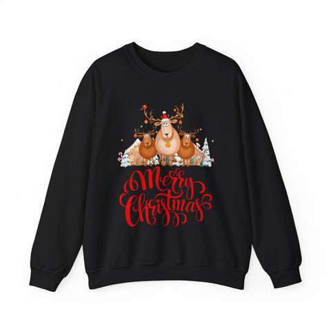Black Christmas sweatshirt with reindeer and 'Merry Christmas' text.