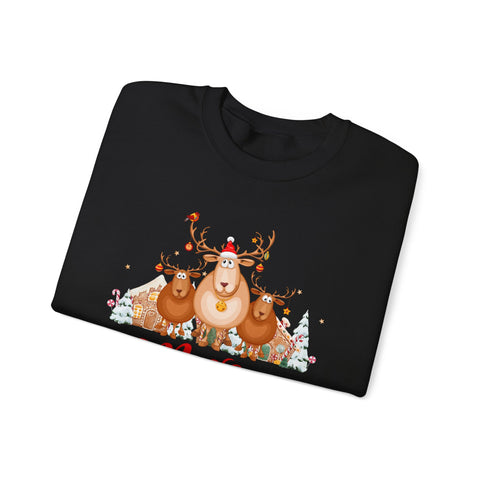Black Christmas sweatshirt with reindeer, gingerbread houses, and Christmas trees.