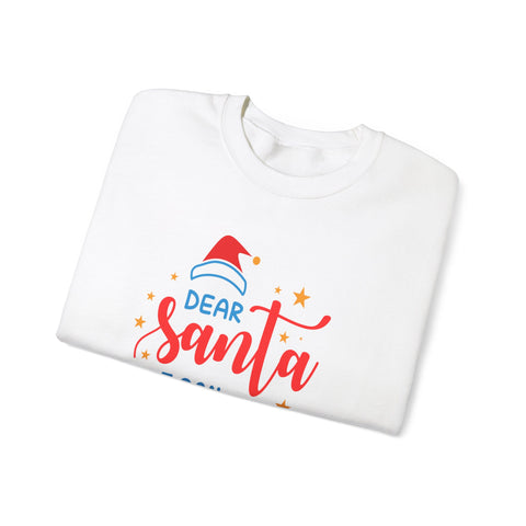 Folded white 'Dear Santa' Christmas sweatshirt.