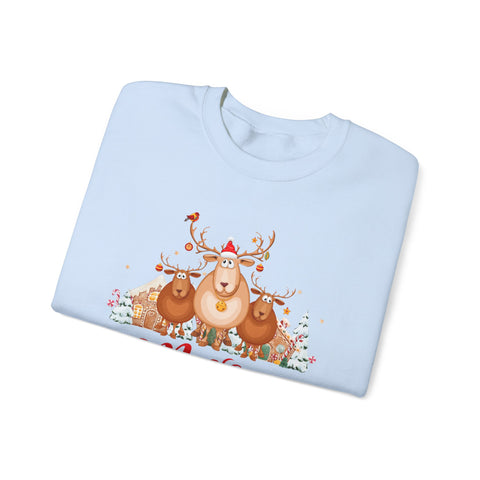 Light blue Christmas sweatshirt with a reindeer and gingerbread house design.
