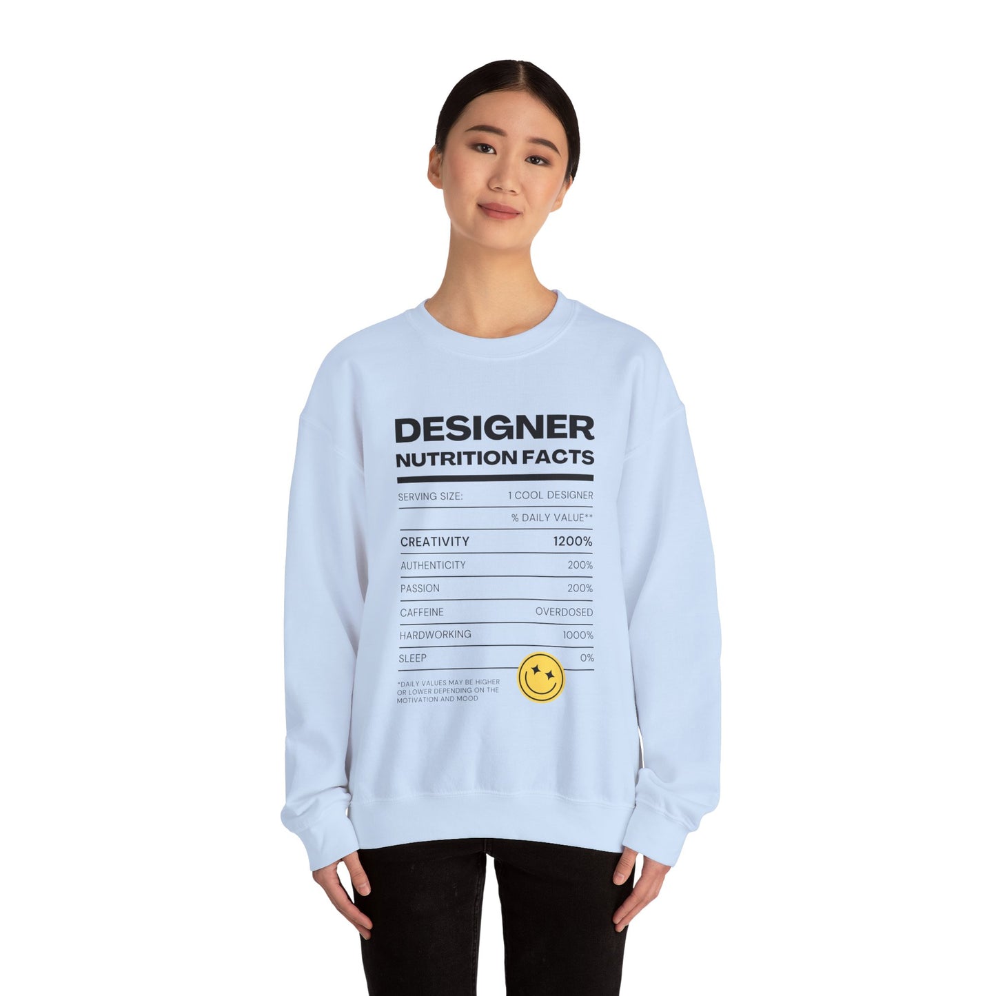 Designer Nutrition Facts Sweatshirt, Funny Graphic Crewneck, Gift for Creatives, Unique Unisex Apparel, Cozy Layering Top