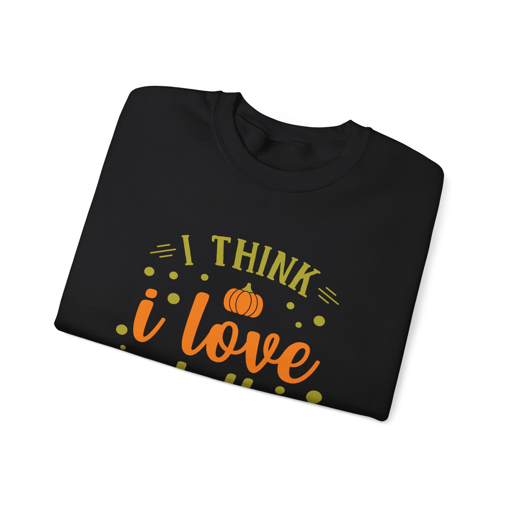 Black sweatshirt with 'I think I love' pumpkin graphic, perfect for fall.
