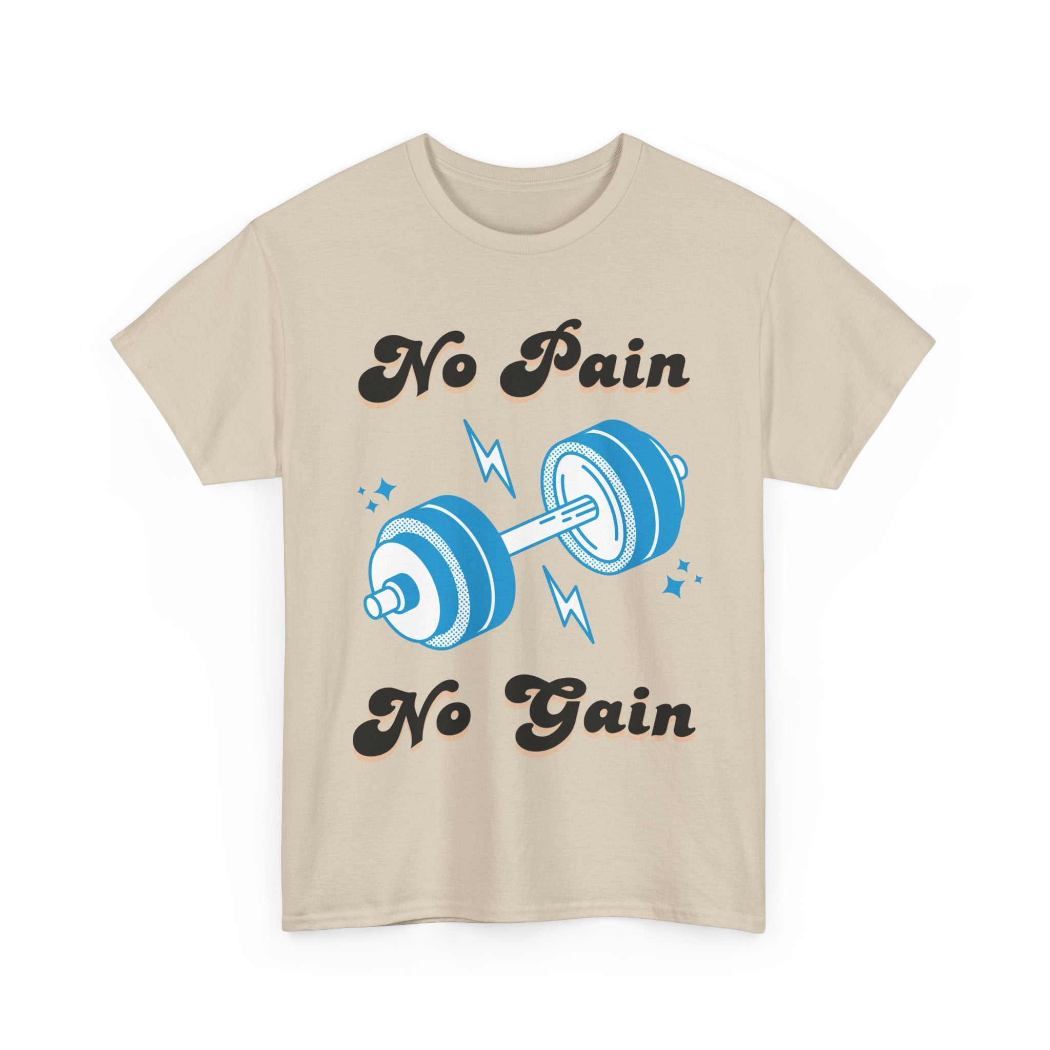 Beige t-shirt with a 'No Pain, No Gain' dumbbell graphic.
