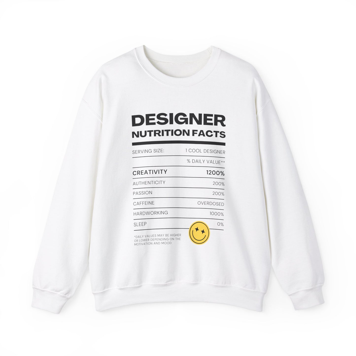 Designer Nutrition Facts Sweatshirt, Funny Graphic Crewneck, Gift for Creatives, Unique Unisex Apparel, Cozy Layering Top