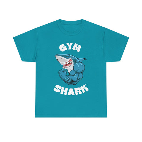 Teal Gymshark t-shirt featuring a cartoon shark flexing biceps. Humorous fitness apparel.