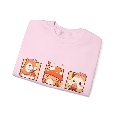 Pink sweatshirt featuring a cartoon squirrel, mushroom, and hedgehog design.