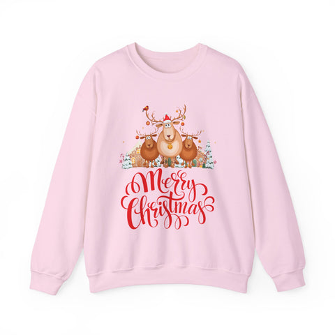 Pink Christmas sweatshirt with reindeer graphic and 'Merry Christmas' text. Festive holiday apparel.