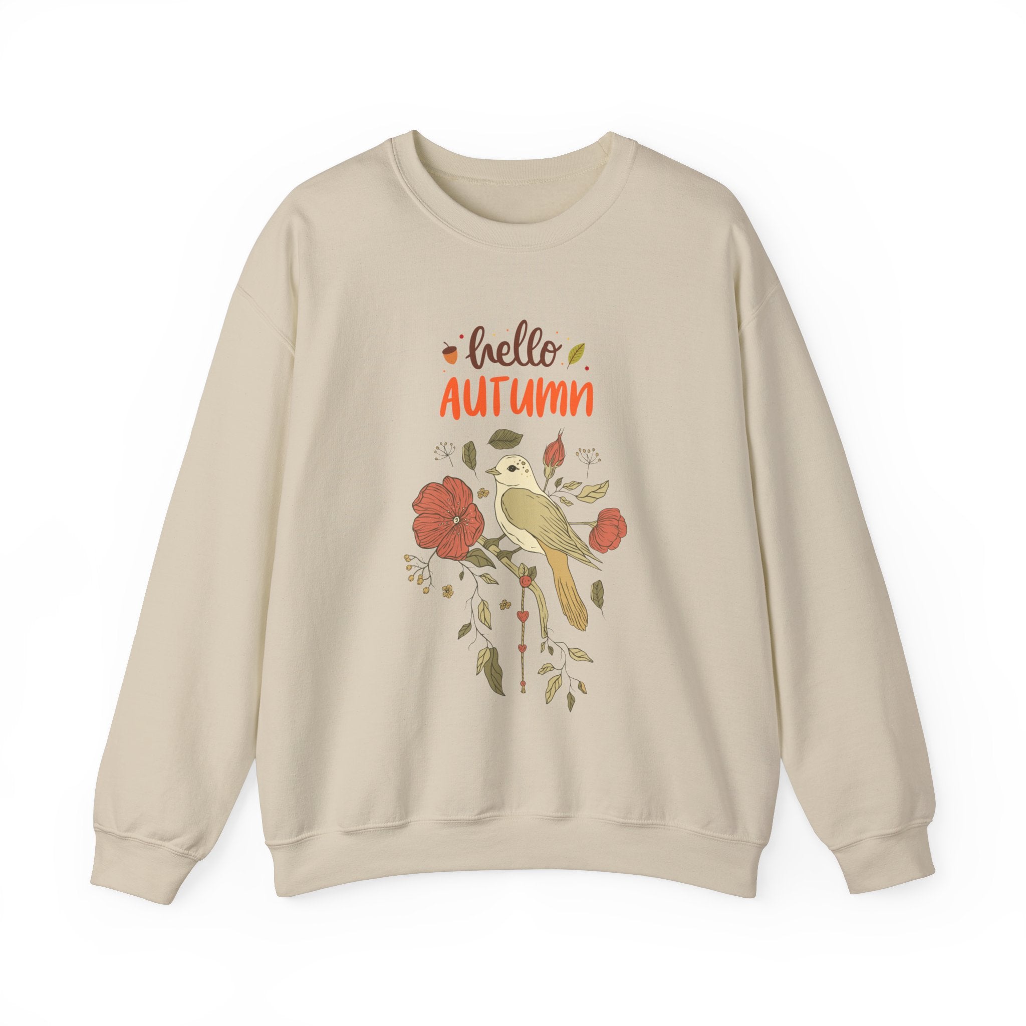Beige sweatshirt with 'Hello Autumn' and bird on floral branch design.
