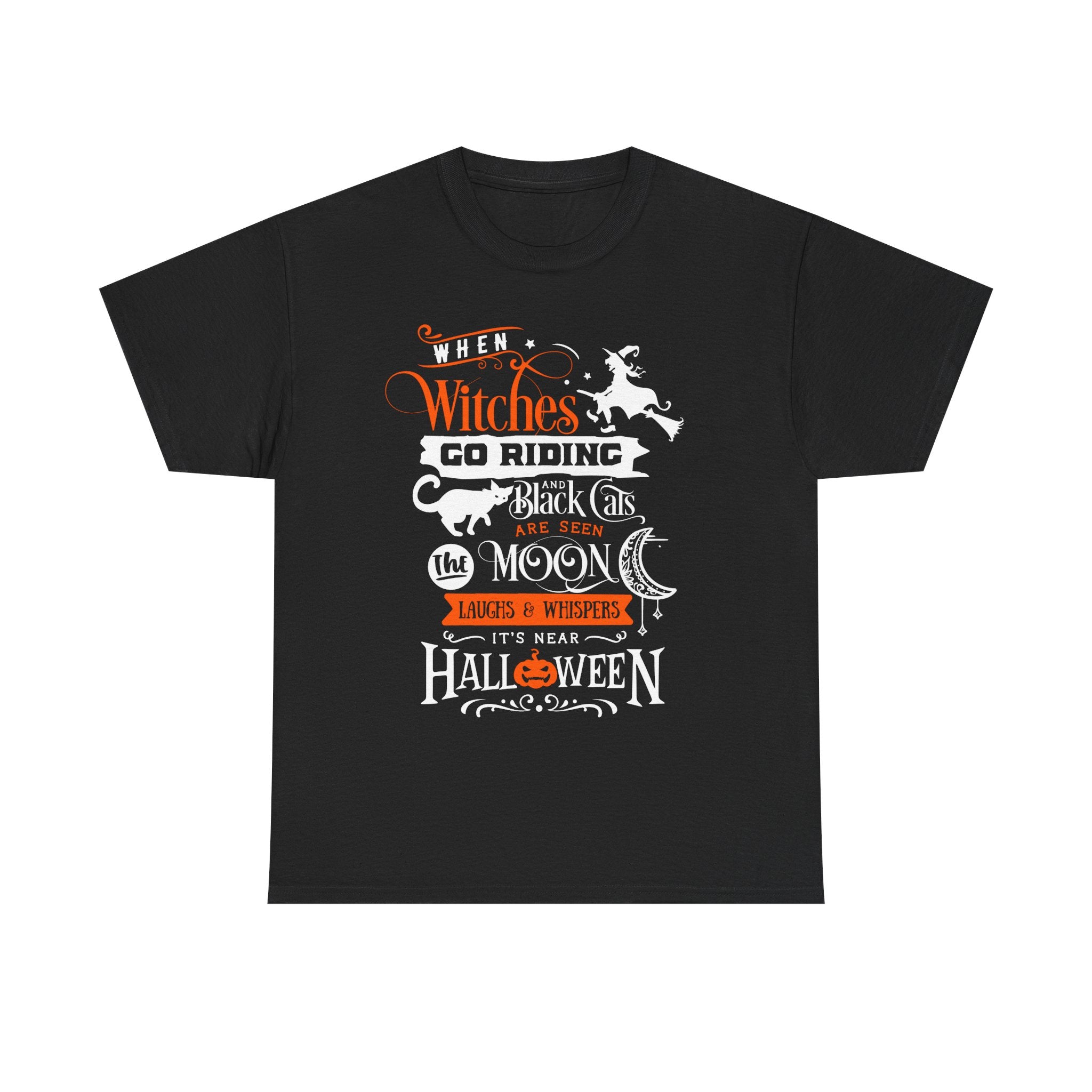 Black Halloween T-shirt with 'When Witches Go Riding' graphic. Features a witch, cat, moon, and pumpkin design.