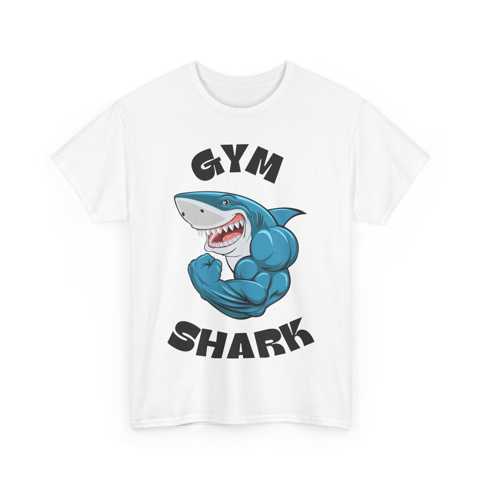 White Gymshark t-shirt featuring a cartoon shark flexing its muscles with 'GYM SHARK' text.