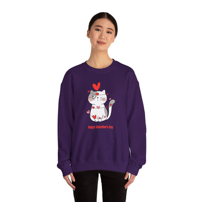 Cute Cat Valentine's Day Crewneck Sweatshirt, Cozy Unisex Sweatshirt, Cat Lover Gift, Valentine's Day Apparel, Everyday Comfort Wear